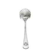 Silver bread tongs with scalloped bowl and slender, tapered handle, featuring seashell motifs and a polished reflective finish.