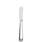 Silver butter knife, polished sterling silver, flat blade with floral handle motif.