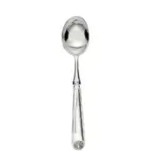 Silver ice cream spoon with oval bowl, ribbed handle, floral motif, and seashell detail on a white background.