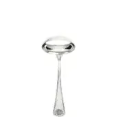 Silver sauce ladle with rounded bowl, slender neck, and ornate shell-motif handle, polished to a bright metallic sheen against a white backdrop.