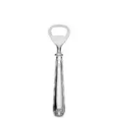 Silver bottle opener with teardrop handle, floral detail, and ribbed texture against a white backdrop, displaying a polished metallic finish.