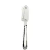 Silver lemon peeler with rectangular blade, floral handle, and etched grip, centered on white background.