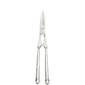 Silver lobster tongs with curved handles and serrated grips, polished metal, scissor design, centered on white background.