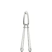Nut cracker, silver metal, scissor-style design with ridged grips and polished, reflective finish, symmetrical form, centered on white background.