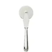 Pizza cutter, polished silver-toned metal, circular blade with floral handle detail and embossed Zafferano branding.