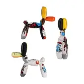 Balloon dog sculptures by Juliarte with Picasso finish, glossy vinyl, abstract designs in red, blue, black, and white.