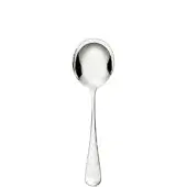 Stainless steel soup spoon, polished finish, rounded bowl, slender handle, teardrop end, minimalist design, reflective surface, white background.