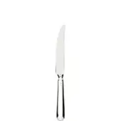 Stainless steel steak knife with curved blade, slender handle, and faceted design; etched with "18/10" and logo details.