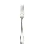 Stainless steel table fork with four curved tines and elongated handle, centered on a white background, displaying a polished, reflective finish.