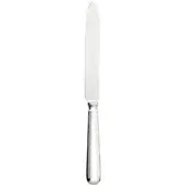 Silver table knife with polished blade and elongated handle, studio shot against a white background, featuring subtle stamped markings.