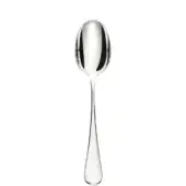 Silver spoon with elongated bowl and teardrop handle, studio shot on white background, polished reflective surface.