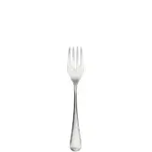 Silver fish fork with four tines, curved handle, and polished metal finish centered on a white background.