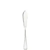 Silver fish knife with curved blade and notched tip, featuring a slender, polished metal handle and teardrop-shaped end.