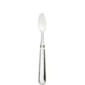 Sterling silver shellfish knife with elongated handle and oval blade, polished reflective finish, faint stamped markings, studio shot.