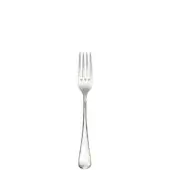 Silver fruit fork with four tines, slender handle, and rounded base, polished stainless steel, classic elegant design, white background.
