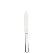 Silver fruit knife with curved blade and cylindrical handle, polished reflective surface, minimalist design, white background.