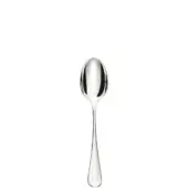 Silver fruit spoon, polished oval bowl, slender curved handle, teardrop end, reflective sheen, studio lighting, isolated presentation.