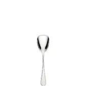 Silver ice cream spoon, stainless steel, rounded bowl with V-indentation, curved handle, polished reflective finish, minimalist design, white background.