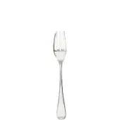 Dessert fork, polished silver metal, slender handle with teardrop base and three gently curved tines, minimalist design, white background.