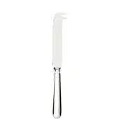 Silver cheese knife with flat blade and notched tip, elongated curved handle, polished metal finish, studio product shot.