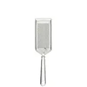 Stainless steel parmesan grater with rectangular grating surface, curved handle, and polished reflective finish; branded “Parmesan” and “Made in Italy”.