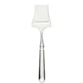 Silver parmesan cheese slicer, rectangular blade, curved handle, polished metallic finish, classic design, studio product shot.