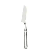 Silver cheese knife with curved blade and bulbous handle, polished reflective finish, studio shot on white background.
