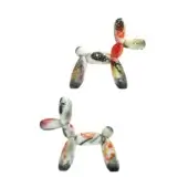 Juliarte balloon dog sculptures, barcelona finish, white with red, black, yellow, green abstract watercolor patterns.