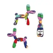 Balloon dog sculpture, arti finish, multicolored geometric patterns, glossy surface, white background, Juliarte design.