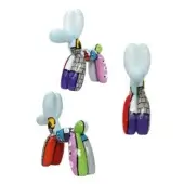 Juliarte balloon dog sculptures, reflective vinyl, white bodies with purple/gray, red/black, and blue/orange accents, each with a cat sculpture.