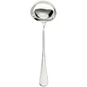 Silver ladle with polished rounded bowl and tapered handle, studio shot on white background, minimalist design, symmetrical form.