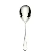 Silver serving spoon with oval bowl and slender handle, polished metal reflects light against a white backdrop.