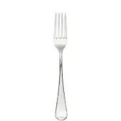 Stainless steel serving fork with four curved tines, polished silver tone, tapered handle, and smooth flowing silhouette against a white backdrop.
