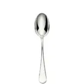 Silver serving spoon, polished stainless steel, oval bowl with curved handle and teardrop end against a white backdrop.