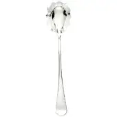 Silver spaghetti spoon, stainless steel, perforated bowl with scalloped edge and teardrop handle, polished reflective surface, centered composition.