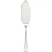 Stainless steel fish server knife with curved blade, scalloped edge, and polished teardrop handle, studio shot on white background.