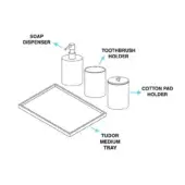 Bathroom set with white ceramic dispenser, holder, and silver metal tray; oval & cylindrical shapes, minimalist design, studio product shot.