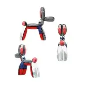 Juliarte balloon dog sculptures, ceramic, gray with red and blue accents, twisted animal forms, glossy finish, white background.