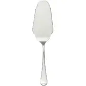 Stainless steel cake server with curved blade, scalloped edge, and teardrop handle, polished reflective finish on white background.