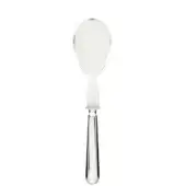 Plexiglass serving spoon with silver handle, oval bowl, minimalist design, polished finish, and subtle "Cassoni" etching on the cylindrical stem.