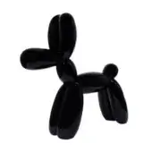 Balloon dog sculpture, black resin, glossy finish; twisted form resembles inflated poodle with rounded head, ears, body, and legs against white backdrop.