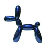 Balloon dog sculpture, metallic blue finish, stylized form with rounded head and cylindrical body against a white backdrop.