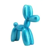 Balloon dog sculpture, light blue metallic finish, twisted form with cylindrical legs and glossy sheen against a white backdrop.