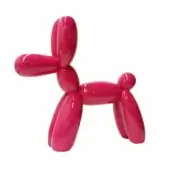 Juliarte balloon dog sculpture, pink resin, stylized form with rounded segments, glossy finish, upright ears, and curled tail.