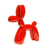 Balloon dog sculpture, red ceramic, glossy finish; rounded form depicts a poodle created from twisted balloon segments against a white backdrop.