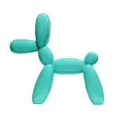 Turquoise balloon dog sculpture by Juliarte, glossy ceramic with rounded snout, upright ears, and curved legs against a white backdrop.