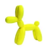 Balloon dog sculpture, yellow ceramic, elongated form with pointed snout and rounded body, matte finish, studio lighting.