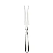 Silver carving fork, polished metal, slender design with curved tines and rounded handle, isolated against a white backdrop.