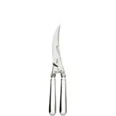 Stainless steel poultry sheers with curved blades and slender handles, featuring a polished metallic finish and central pivot emblem.