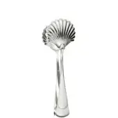 Silver bread tongs with scalloped fan head and curved handles, polished metal, studio shot on white background.